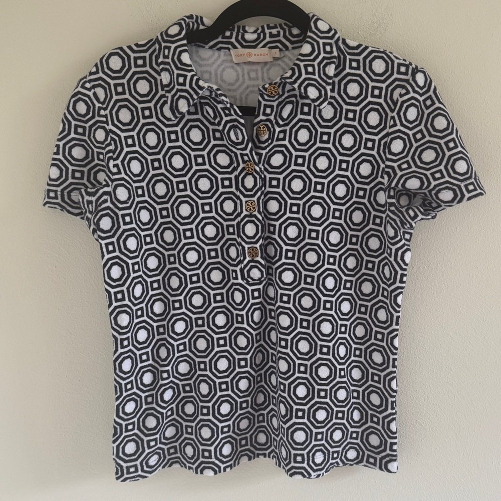 Tory Burch Terry Cloth Short Sleeve Polo Shirt Gold Buttons Small